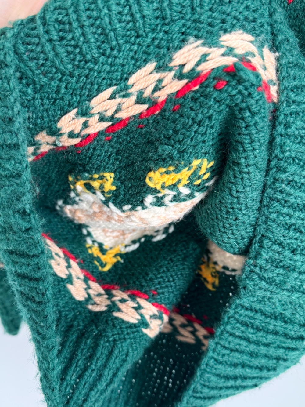 Vintage Hand Knit Duck Sweater Dark Green Chunky Heavyweight Fair Isle Hearts - Picture 6 of 15